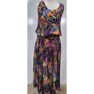 Together! Vintage Rayon Sleeveless Bright Colorful Dress Scoop Neck Vback Size 8
